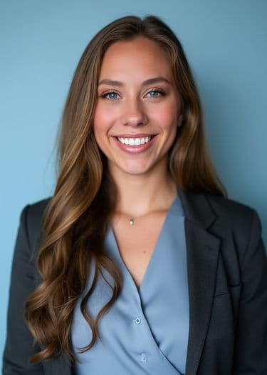 Example ERAS headshot — woman in dark blazer on light-blue background, shoulders-up.